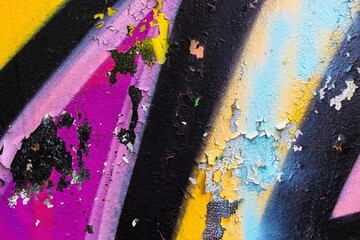 Grunge graffiti texture with neon pink, yellow, blue and peeling paint. Urban Y2K, 90s aesthetic,...
