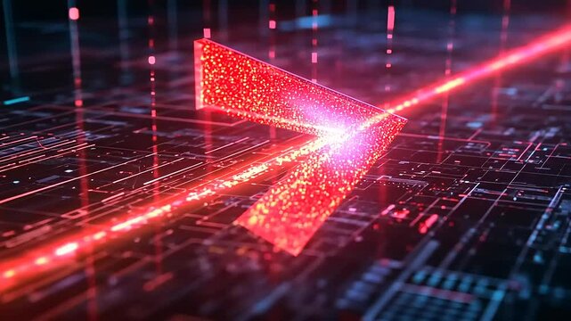 Abstract representation of a glowing red arrow cutting through a digital landscape of data streams - Powered by Adobe