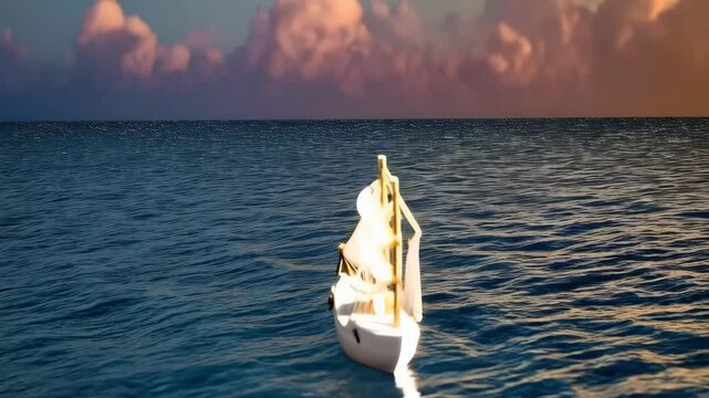Toy sailboat floats on calm sea against a golden sunset sky with soft clouds in the distance. The scene evokes tranquility and adventure.