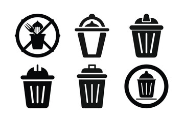Collection of Black and White Trash Can and No Littering Pictograms Depicting Container Disposal, Waste Management, and Environmental Cleanliness