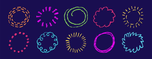 Doodle crayon circle. Hand drawn firework. Sketch brush star. Crayon texture circles. Doodle lines and dots. Hand drawn sparkle. Vector illustration on white background.