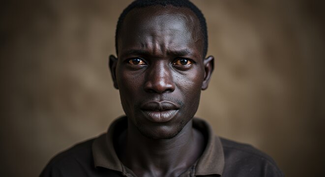 A poignant portrait of a South Sudanese man, reflecting resilience and untold stories.