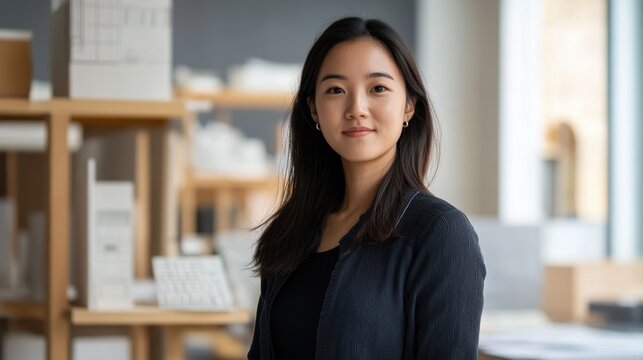 A confident young Asian female architect stands in her modern studio, embodying creativity and professionalism in her workspace among architectural designs. - Powered by Adobe