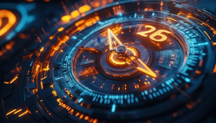 Close-up futuristic clock, glowing orange/blue