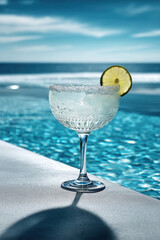 margarita in an ornate glass on the edge of an infinity pool