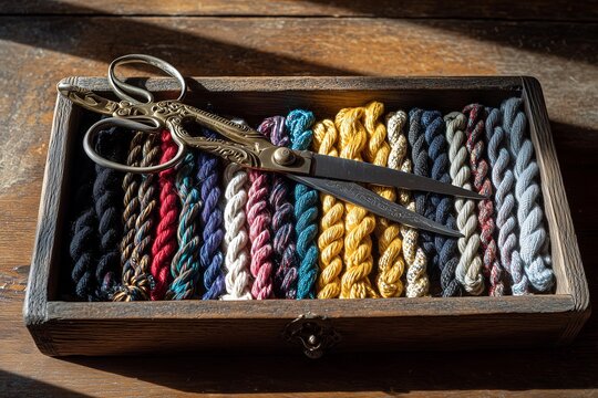 Traditional oriental arts : Colorful kumihimo cords in wooden tray with old scissors and cloth