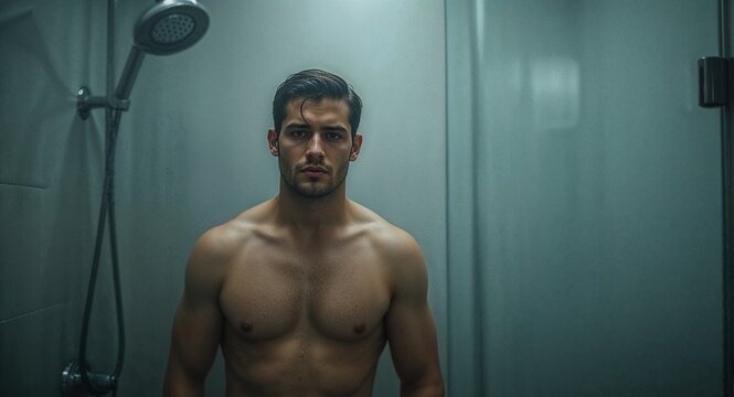 fit white guy in towel standing by foggy shower glass looking intense