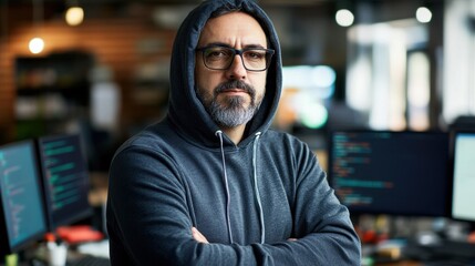 Obraz premium A middle-aged European software developer in a hoodie standing confidently in an office environment, surrounded by computing devices, embodying focus and professionalism in the tech industry.