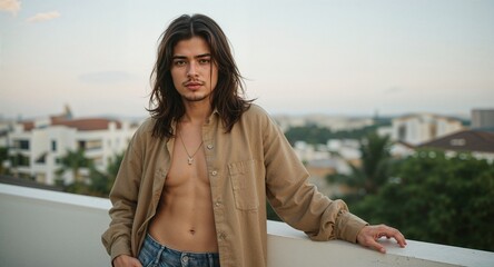 long haired asian man in open silk shirt leaning against balcony casual