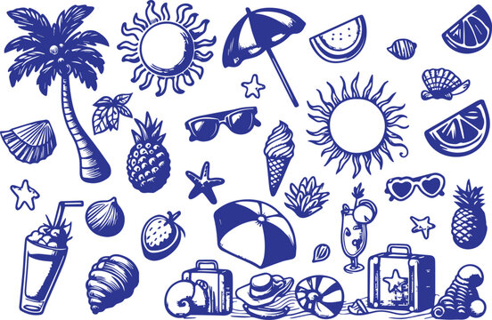 Summer beach elements with sun, fruits, drinks, and sea creatures captured in a fun doodle style vector  illustration