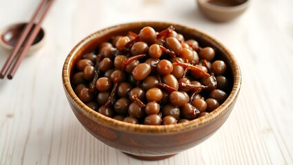 Fototapeta premium Close-up of sticky natto fermented soybeans in a traditional ceramic bowl on a wooden table, white background, dramatic natural lighting, ultra-realistic food photography