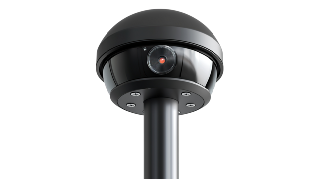 Isolated on transparent, black outdoor security CCTV camera mounted on metal pole. PNG