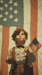 Stylized child portrait holding small American flag, vintage backdrop