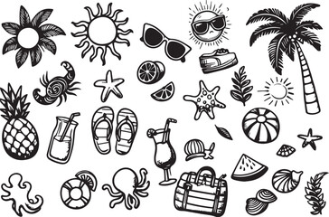 Summer beach elements with sun, fruits, drinks, and sea creatures captured in a fun doodle style vector  illustration