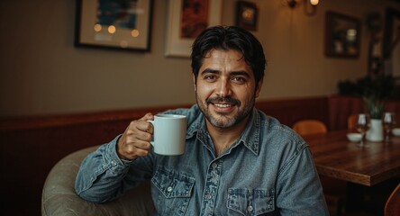 middle aged latino man on warm toned dining area holding mug relaxed