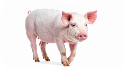 Cute Pink Piglet Standing Isolated on White Background, Full Body Side View