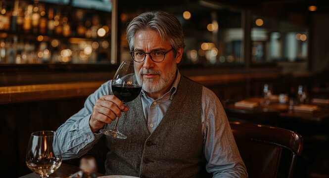 middle aged white guy in steakhouse sipping wine content - Powered by Adobe