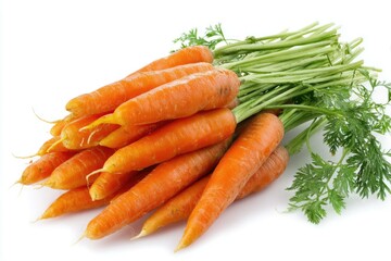 Whole carrots piled randomly with green stems, isolated