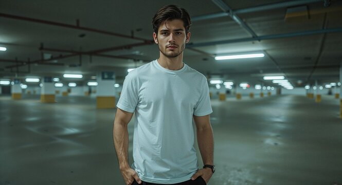 pale skinned guy in tight tee standing in parking garage under neon lights