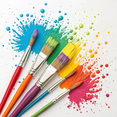 Obraz premium Colorful Paint Brushes and Splashes on White Background
