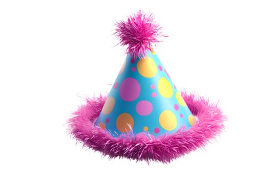Festive birthday hat with colorful polka dots and pink fluffy trim, isolated on a white background. Detailed illustration - Powered by Adobe