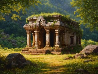 Naklejka premium Crumbling ancient temple hidden in a lush forest landscape