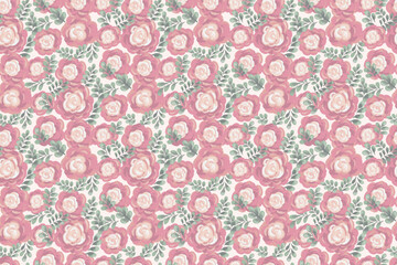 Pastel seamless floral pattern with hand painted soft roses and muted green leaves on a light background. Vector artistic brushstroke style, ideal for fabric, wallpaper, wrapping paper, decor