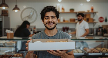 teenage indian boy in donut shop holding box happy