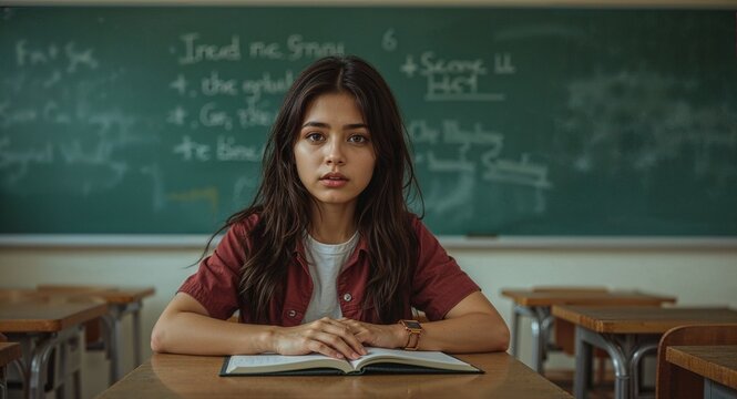 teenage filipino girl in retro classroom with chalkboard looking curious