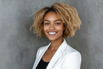 Smiling woman with curly blonde hair and a white jacket against a gray wall. Perfect for business, healthcare, or beauty-related content needs.