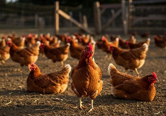 Gallinas ponedoras en libertad en un corral al atardecer, concepto de granja orgánica, producción avícola sostenible y crianza natural