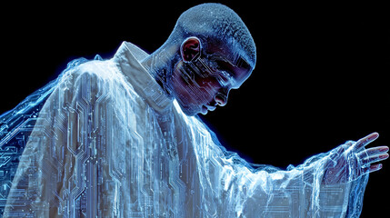 Man covered in circuit board pattern against black background.