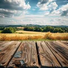 Obraz premium Wooden tabletop with a place for text or goods. On the background of a yellow field.