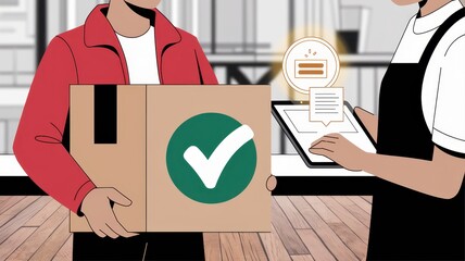 Retail customer service example concept. Two people interacting with a package in a modern service environment.