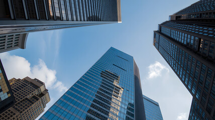 Modern glass skyscrapers dominate the Chicago skyline, showcasing contemporary urban architecture and business
