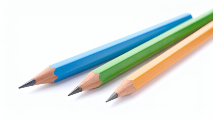 Fototapeta premium Three Used Color Pencils on White Background Artistic Stationery and Creative Drawing Tools Close-Up