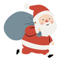 Cute Santa Claus carrying a sack of presents. Flat vector illustration on white background in simple child style. Vector illustration