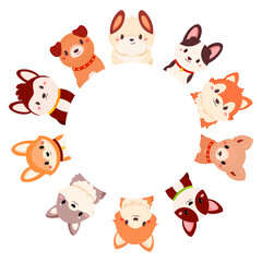 Baby frame with puppy. Can be used for t-shirt print, sticker, greeting card. Curious cute cartoon dogs peeks from above. Cute puppies looks interested. Animal stares interestedly. Vector  EPS8