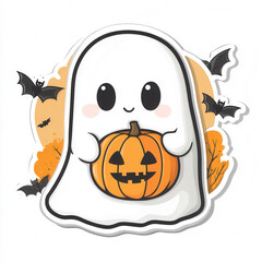 Cute kawaii ghost holding jack o lantern pumpkin with flying bats halloween sticker design