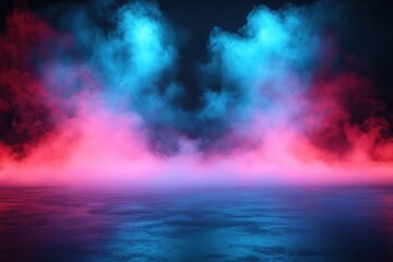 Obraz premium Pink, red, and blue smoke fills a dark space with a reflective floor. Use for graphic design, atmospheric effects, or as a stage background.