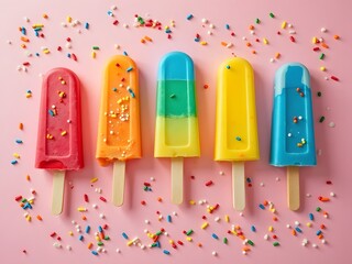 Rainbow Popsicles on Pastel Table: Flatlay of colorful rainbow popsicles arranged neatly on a pastel background with melting drops and scattered sprinkles, soft natural lighting.