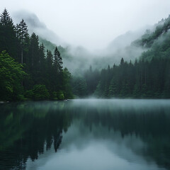 Foggy silence surrounds calm mountain lake with pine trees high resolution picture