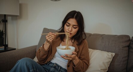 young filipino woman in cozy studio apartment eating noodles relaxed