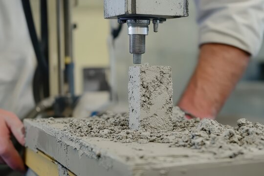 Concrete block undergoes compression testing in a laboratory setting. Illustrates construction material science for durability in engineering.