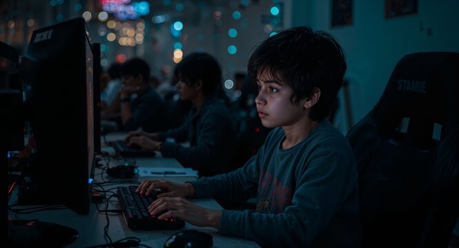 young indian boy inside cyber cafe with LED wires watching screen