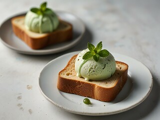 Matcha ice cream on toasted bread with mint