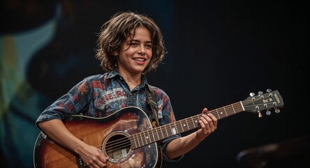 Obraz premium young mixed race boy holding guitar on stage smiling proud