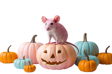 Mouse sitting on a pumpkin isolated on transparent or white background, png