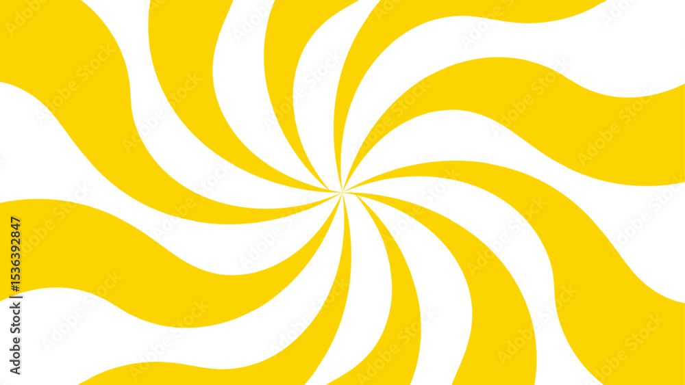 Poster Abstract bold and clean background with a yellow and white spiral twist pattern. Curved, wavy rays forming vortex-like motion. Bright yellow and white stripes  high-contrast, hypnotic visual effect. 