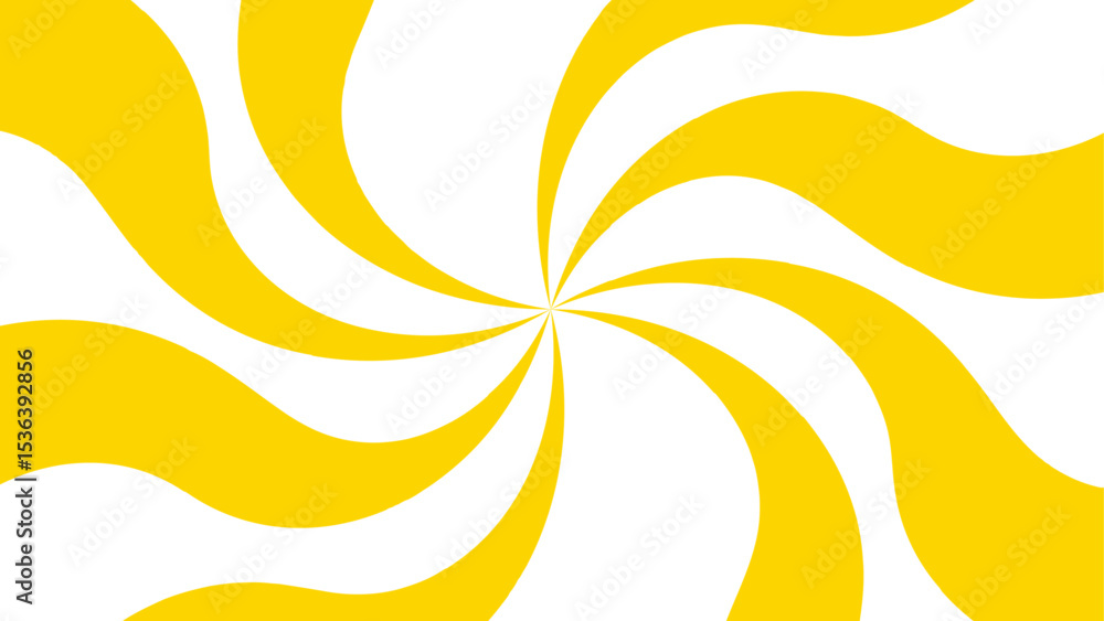 Poster Abstract bold and clean background with a yellow and white spiral twist pattern. Curved, wavy rays forming vortex-like motion. Bright yellow and white stripes  high-contrast, hypnotic visual effect. 